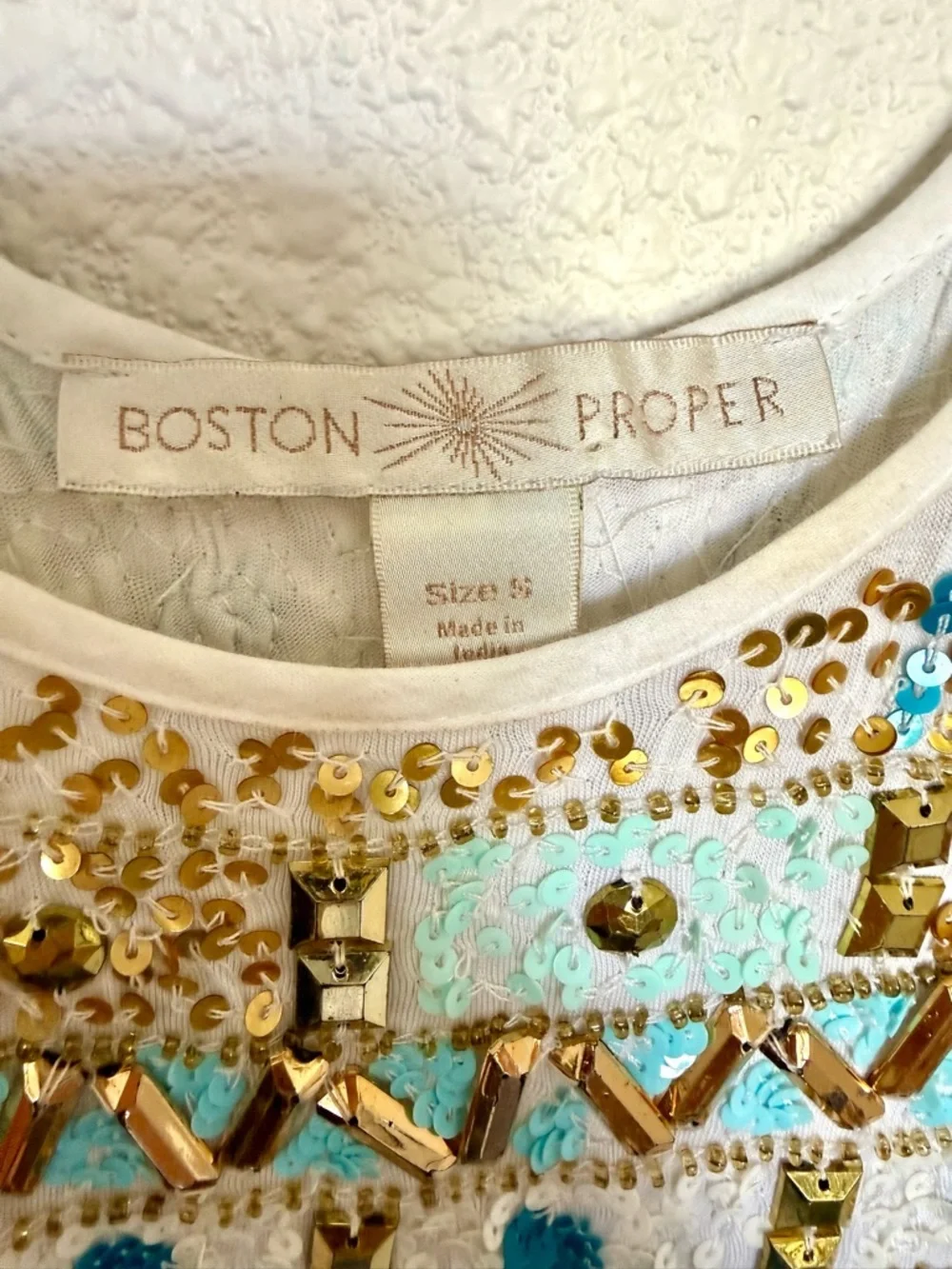Boston Proper Beaded Sequin Tank Top Gold Aqua Resort Luxe Yacht Club Glam Sz S - Picture 7 of 7